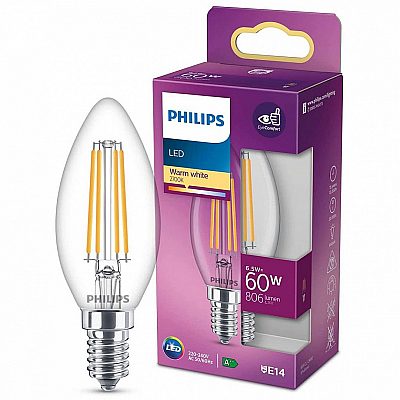 LED lamp PHILIPS LED Classic 230V 6,5W 806lm E14 360° 2700K soe valge