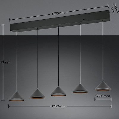 Pendant lamp Trio Lighting Laguna 5 black 25W 25000lm CRI80 IP20 Dip Switch 2300K, 3000K, 4000K 3CCT