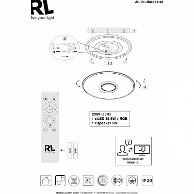 Dome light Trio Lighting Musica Bluetooth kõlariga white 15,5W 1700lm CRI80 IP20 DIMMABLE 3000K-6000K