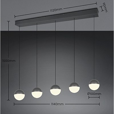 Rippvalgusti Trio Lighting Senta 5 antratsiit / valge 25W 4000lm IP20 3000K soe valge